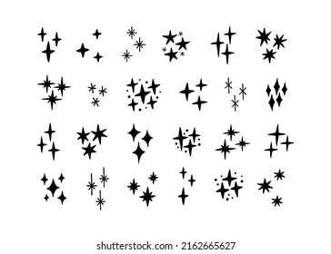 Hand drawn stars silhouette vector collection. Firework sparkles icons set isolated on white. Decoration flicker, flash magic symbol. Celebration decor.