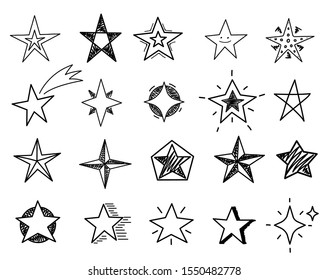 Hand drawn stars. Sketch star shapes, black starburst doodle signs for christmas party invitation, festive texture isolated vector set