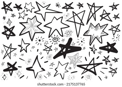 Hand Drawn Stars. Sketched Star Icon Set, Favorite Symbol, Doodle Best Quality Sign, Handdrawn Success Concept, Premium, Prize Vector Illustration