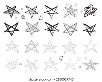 Hand Drawn Stars. Sketched Star Icon Set, Favorite Symbol, Doodle Best Sign, Success Concept Vector Illustration