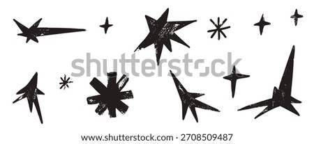Hand drawn stars, snowflake asterisk icons. Doodle twinkles shape set. Handmade scribble magic twinkle collection. Spark blink stickers. Simple charcoal ink decoration. Vector scrawl elements isolated