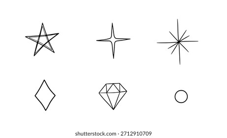 Estrelas desenhadas à mão e conjunto de vetores de faíscas. Esboço doodle coleção de estrelas cintilantes, diamantes e efeitos de brilho mágico.