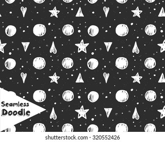Hand drawn stars, triangles and hearts. Cartoon fantasy doodle seamless pattern. Cute sketch vector background for your ideas.