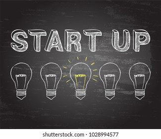 Hand drawn start up sign and light bulb on blackboard
