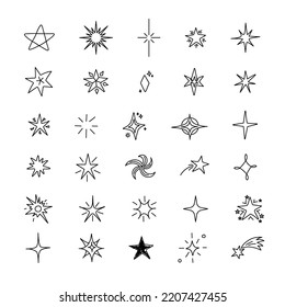 Hand drawn starts elements set. Doodle signs and icons, night sky objects thin line drawing isolated on white background. Vector illustration