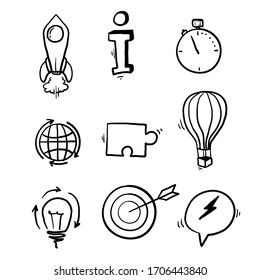 Hand Drawn Startup Line Icons. Launch Project, Business Report And Target. Strategy Linear Icon Set. Quality Line Set. Vector Doodle