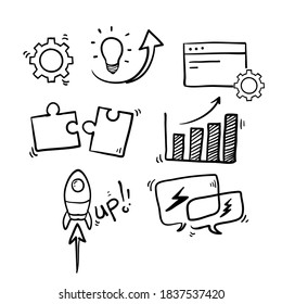 hand drawn Startup line icons. Launch Project, Business report and Target. in doodle drawing style vector