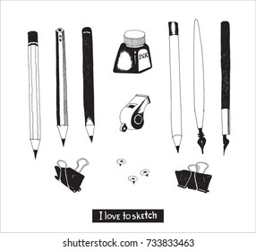 Hand drawn stationery and art supplies set. Vector doodle illustration. Set of school accessories and tools. Pencil, Ink Bottle, Calligraphy Pen, Push Pin, Binder Paper Clip, Whistle.