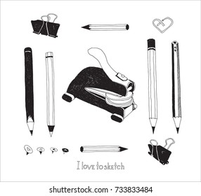 Hand drawn stationery and art supplies set. Vector doodle illustration. Set of school accessories and tools. Pencil, Seals Embosser, Push Pin, Binder Paper Clip.