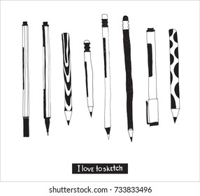 Hand drawn stationery and art supplies set. Vector doodle illustration. Set of school accessories and tools. Pen, Pencil, Marker, Stylus.