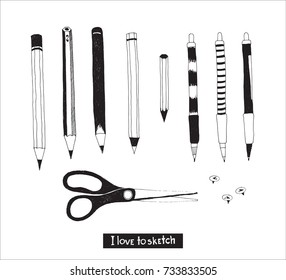 Hand drawn stationery and art supplies set. Vector doodle illustration. Set of school accessories and tools. Pen, Pencil, Stylus, Push Pin, Scissors.
