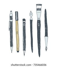 Hand drawn stationery and art supplies set. Vector doodle illustration. Set of school accessories and tools. Pencils, Cutter, Push pins.