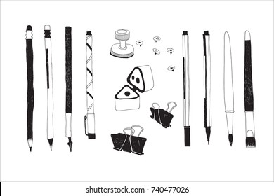 Hand drawn stationery and art supplies set. Vector doodle illustration. Set of school accessories and tools. Pen, Pencil, Felt pen, Brush, Sharpener, Stamper, Push Pin, Binder Paper Clip.