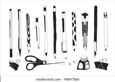 Hand drawn stationery and art supplies set. Vector doodle illustration. Set of school accessories and tools. Pen, Pencil, Calligraphy Pen, Stylus, Push Pin, Scissors, Ink Bottle, Binder Paper Clip.
