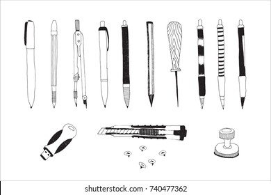 Hand drawn stationery and art supplies set. Vector doodle illustration. Set of school accessories and tools. Pencils, Pens, Cutter, Push pins, USB Flash Card, Awl, Mathematical Compass, Stamper.
