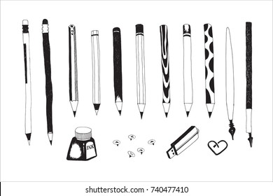 Hand Drawn Stationery And Art Supplies Set. Vector Doodle Illustration. Set Of School Accessories And Tools. Pencils, Calligraphy Pens, Ink Bottle, Push Pins, USB Flash Card.
