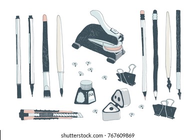 Hand drawn stationery and art supplies. Vector doodle illustration. Set of school accessories and tools. Pen, Pencil, Calligraphy Pen, Stylus, Push Pins, Ink Bottle, Binder Paper Clip, Seal Embosser.