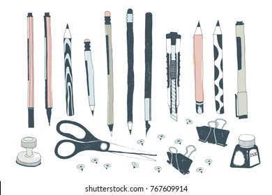 Hand drawn stationery and art supplies. Vector doodle illustration. Set of school accessories and tools. Pen, Pencil, Calligraphy Pen, Stylus, Push Pins, Scissors, Ink Bottle, Binder Paper Clip, Seal.