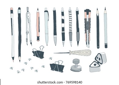 Hand drawn stationery and art supplies. Vector doodle illustration. Set of school accessories and tools. Pen, Pencil, Cutter, Stylu, Push Pin, Sharpener; Binder Paper Clip, Mathematical Compass.