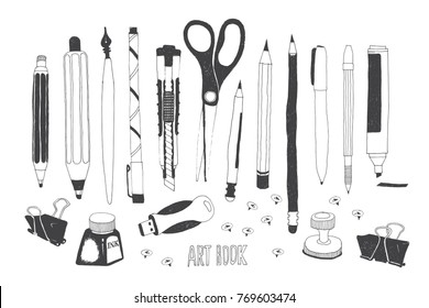 Hand drawn stationery and art supplies. Vector doodle illustration. Set of school accessories and tools. Pen, Pencil, Calligraphy Pen, Highlighter, Push Pins, Scissors, Ink Bottle, Binder Paper Clip.