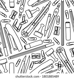 Hand drawn stationery seamless pattern. Kids, vactor illustration.