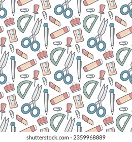 Hand drawn stationery seamless pattern. Office supplies background doodle sketch style. School or student print for paper, packaging and design, vector illustration