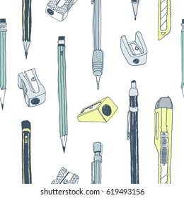 Hand drawn stationery seamless pattern. Vector doodle illustration. School accessories, supplies and tools. Pencil, Cutter, Sharpener, Eraser, Rubber.