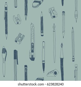 Hand drawn stationery seamless pattern. Vector doodle illustration. School accessories, supplies and tools. Pencil, Pen, Marker, Brush, Stylus, Cutter, Sharpener, Eraser, Rubber.