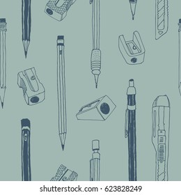 Hand drawn stationery seamless pattern. Vector doodle illustration. School accessories, supplies and tools. Pencil, Cutter, Sharpener, Eraser, Rubber.