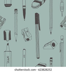 Hand drawn stationery seamless pattern. Vector doodle illustration. School accessories, supplies and tools. Pencil, Pen, Marker, Stylus, Highlighter, Sharpener, Eraser, Rubber.