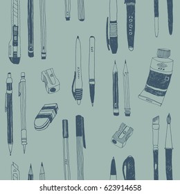 Hand drawn stationery seamless pattern. Vector doodle illustration. School accessories, supplies and tools. Pencil, Pen, Marker, Brush, Stylus, Cutter, Sharpener, Paint Tube, Eraser, Rubber.