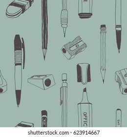 Hand drawn stationery seamless pattern. Vector doodle illustration. School accessories, supplies and tools. Pencil, Pen, Marker, Stylus, Highlighter, Sharpener, Eraser, Rubber.