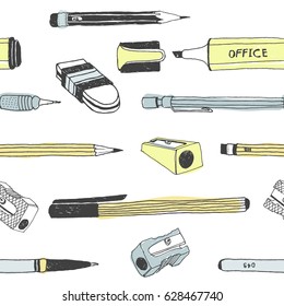 Hand drawn stationery seamless pattern. Vector doodle illustration. School accessories, supplies and tools. Pencil, Pen, Marker, Stylus, Highlighter, Sharpener, Eraser, Rubber.