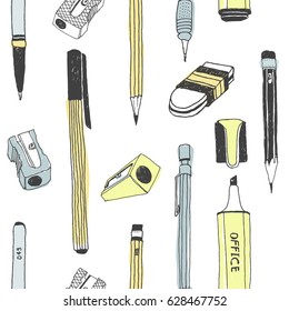 Hand drawn stationery seamless pattern. Vector doodle illustration. School accessories, supplies and tools. Pencil, Pen, Marker, Stylus, Highlighter, Sharpener, Eraser, Rubber.