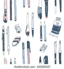 Hand drawn stationery seamless pattern. Vector doodle illustration. School accessories, supplies and tools. Pencil, Pen, Marker, Brush, Stylus, Cutter, Sharpener, Paint Tube, Eraser, Rubber.