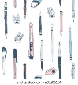 Hand drawn stationery seamless pattern. Vector doodle illustration. School accessories, supplies and tools. Pencil, Pen, Marker, Brush, Stylus, Cutter, Sharpener, Eraser, Rubber.