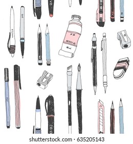 Hand drawn stationery seamless pattern. Vector doodle illustration. School accessories, supplies and tools. Pencil, Pen, Marker, Brush, Stylus, Cutter, Sharpener, Paint Tube, Eraser, Rubber.