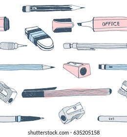 Hand drawn stationery seamless pattern. Vector doodle illustration. School accessories, supplies and tools. Pencil, Pen, Marker, Stylus, Highlighter, Sharpener, Eraser, Rubber.