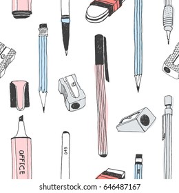 Hand drawn stationery seamless pattern. Vector doodle illustration. School accessories, supplies and tools. Pencil, Pen, Marker, Stylus, Highlighter, Sharpener, Eraser, Rubber.