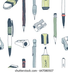 Hand drawn stationery seamless pattern. Vector doodle illustration. School accessories, supplies and tools. Pencil, Pen, Marker, Stylus, Highlighter, Sharpener, Eraser, Rubber.