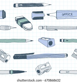 Hand drawn stationery seamless pattern. Vector doodle illustration. School accessories, supplies and tools. Pencil, Pen, Marker, Stylus, Highlighter, Sharpener, Eraser, Rubber.