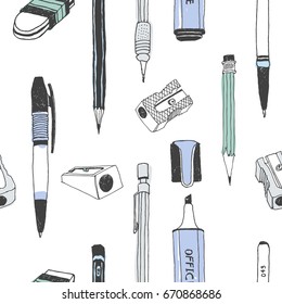 Hand drawn stationery seamless pattern. Vector doodle illustration. School accessories, supplies and tools. Pencil, Pen, Marker, Stylus, Highlighter, Sharpener, Eraser, Rubber.