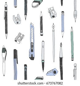 Hand drawn stationery seamless pattern. Vector doodle illustration. School accessories, supplies and tools. Pencil, Pen, Marker, Brush, Stylus, Cutter, Sharpener, Eraser, Rubber.