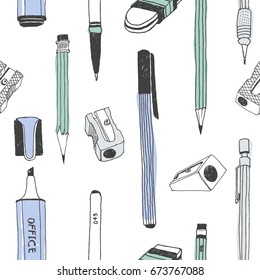 Hand drawn stationery seamless pattern. Vector doodle illustration. School accessories, supplies and tools. Pencil, Pen, Marker, Stylus, Highlighter, Sharpener, Eraser, Rubber.