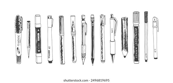 Hand drawn stationery set. Black and white vector doodle illustration. Set of school accessories and supplies. Artist's tools composition.