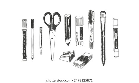 Hand drawn stationery set. Black and white vector doodle illustration. Set of school accessories and supplies. Artist's tools composition.