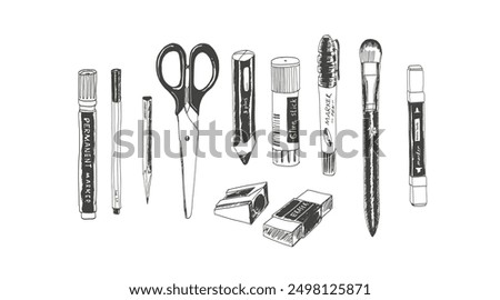 Hand drawn stationery set. Black and white vector doodle illustration. Set of school accessories and supplies. Artist's tools composition.