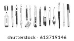 Hand drawn stationery set. Vector doodle illustration. Set of school accessories and supplies. Tools composition. Pencil, Pen, Marker, Brush, Stylus, Highlighter, Cutter.