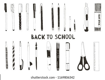 Hand Drawn Stationery Set. Vector Doodle Illustration. Set Of School Or Office Accessories And Supplies.