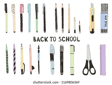 Hand drawn stationery set. Vector doodle illustration. Set of school or office accessories and supplies.